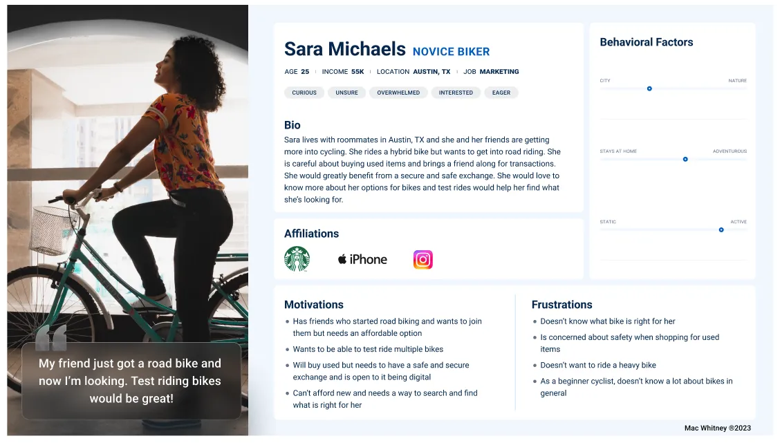 User persona for SwapCycle showing details of potential website user.