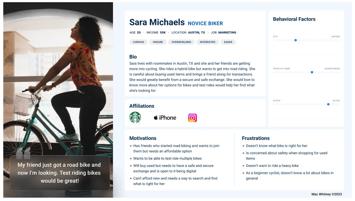 User persona for SwapCycle showing details of potential website user. 