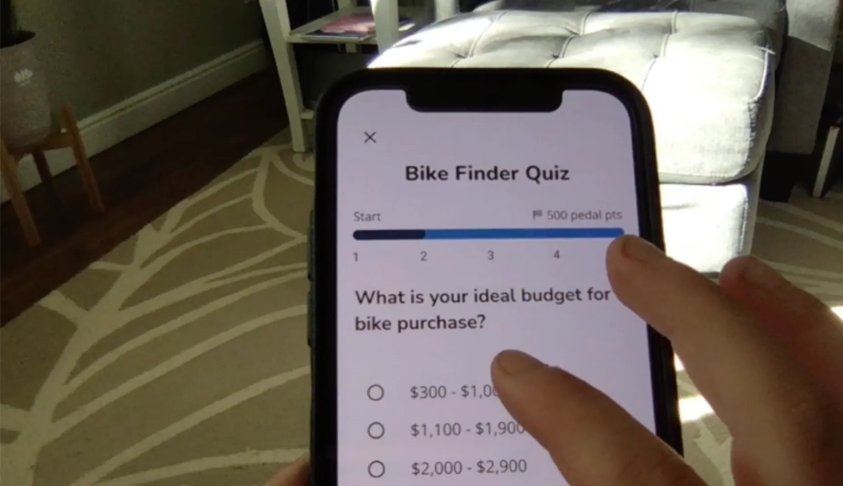 A user points to a quiz answer on the bike finder quiz during testing