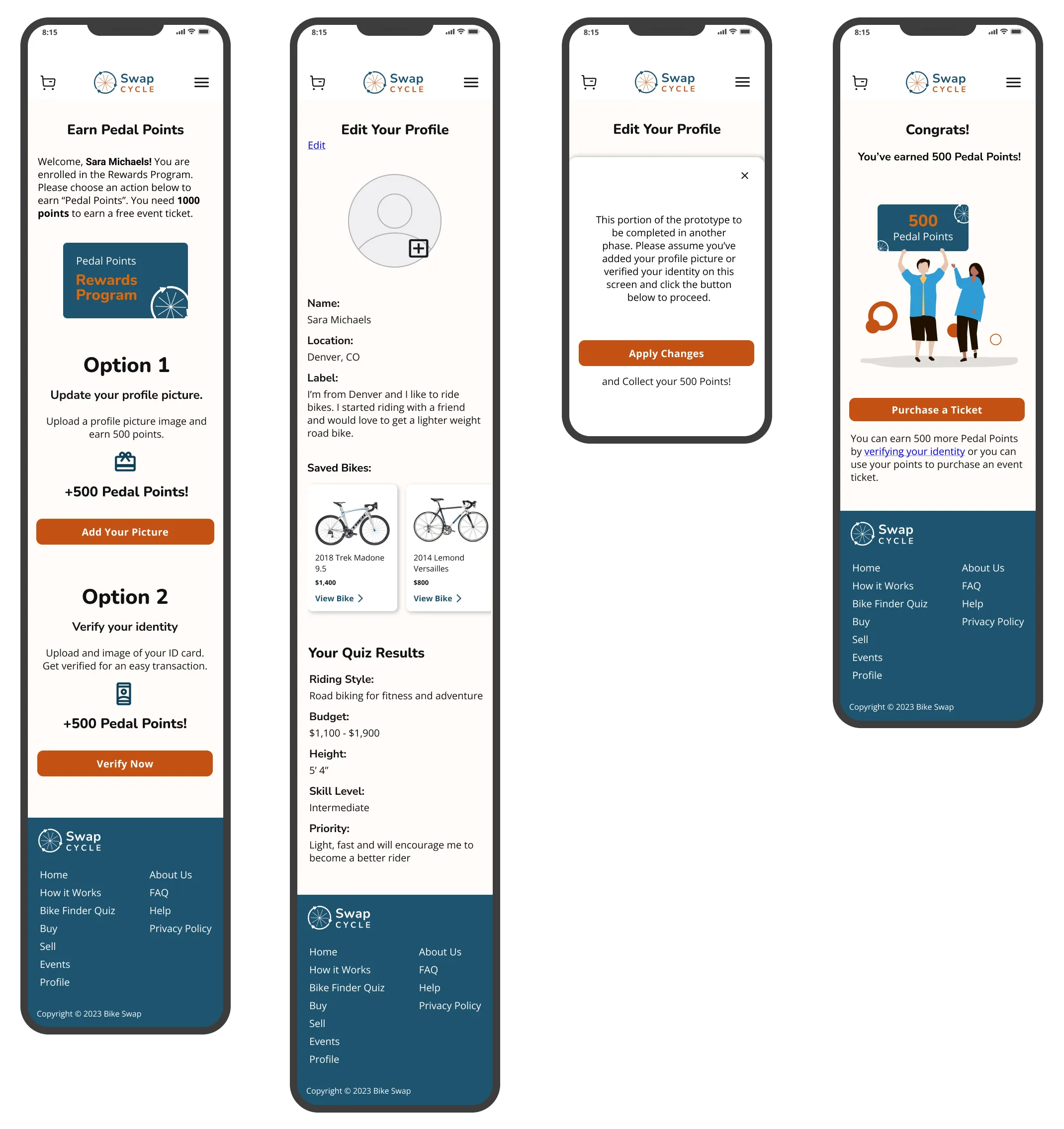 High fidelity mock ups for bike swap website.