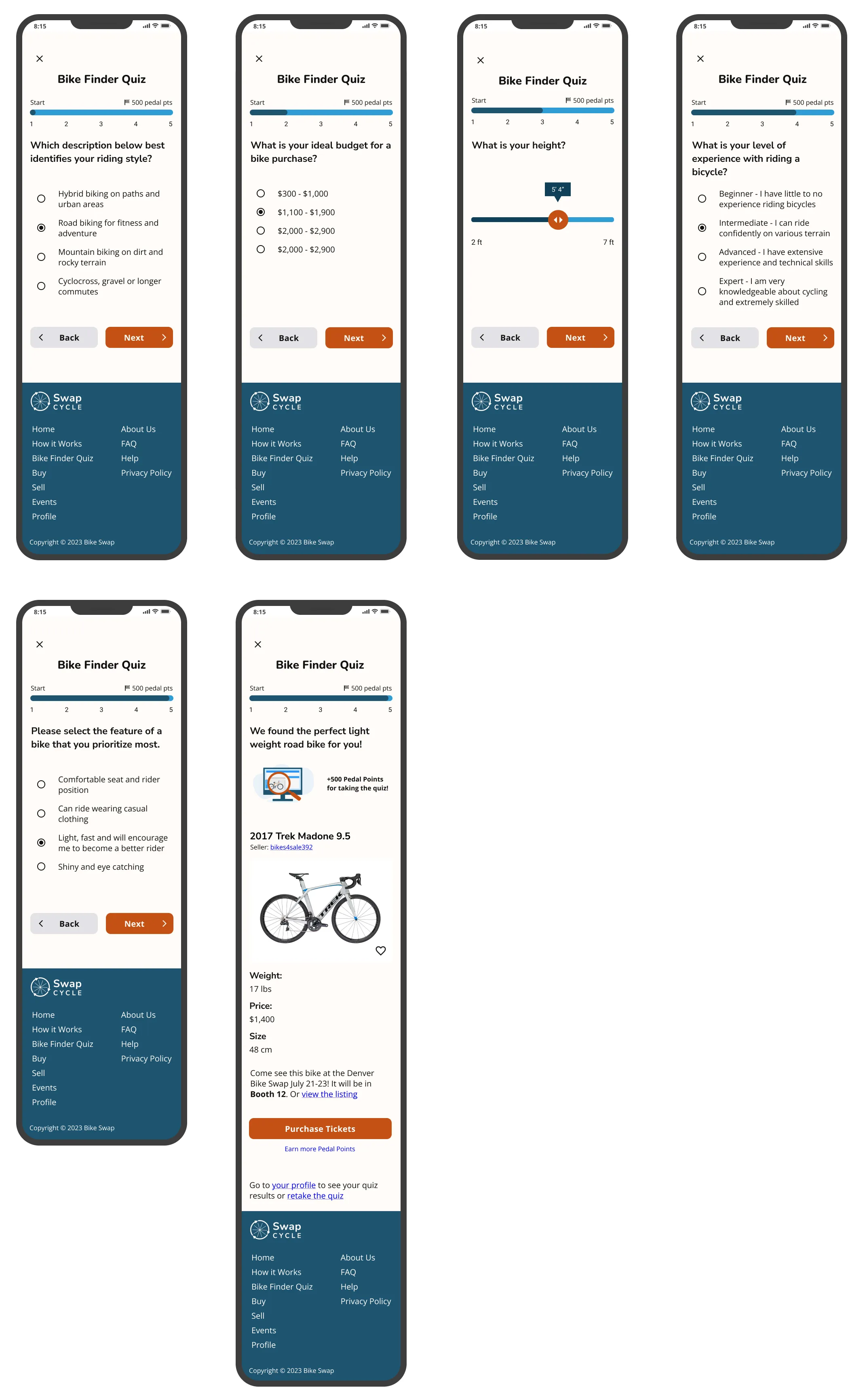 High fidelity mock ups for bike swap website.