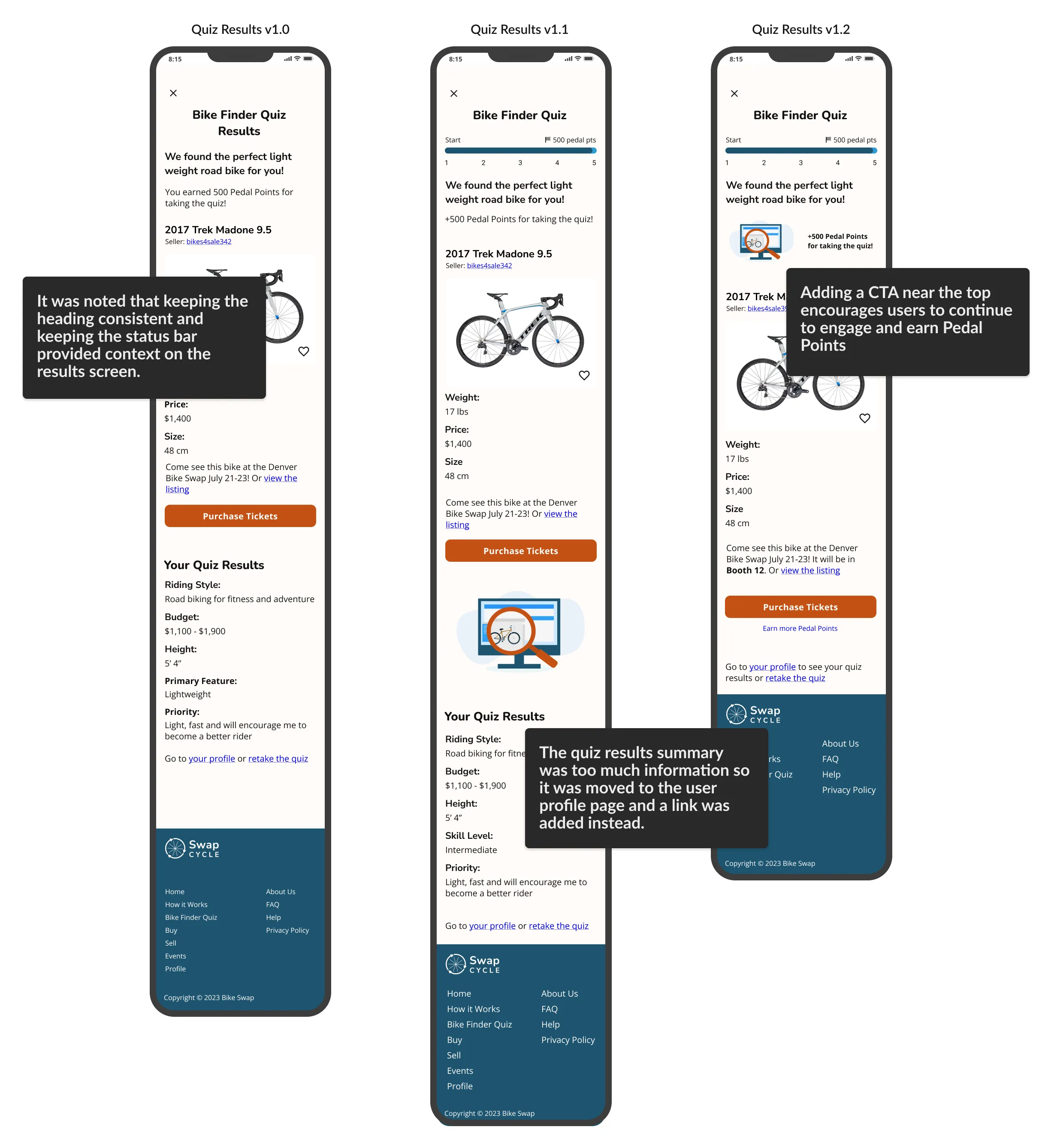 High fidelity iterations showing changes to quiz results page