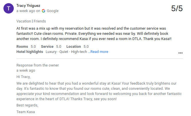 example 2 response to a hotel positive review