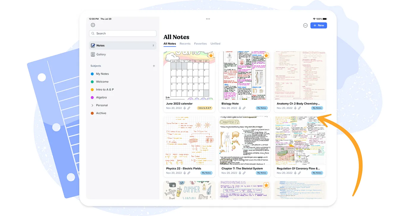 Grid of all notes in Notability