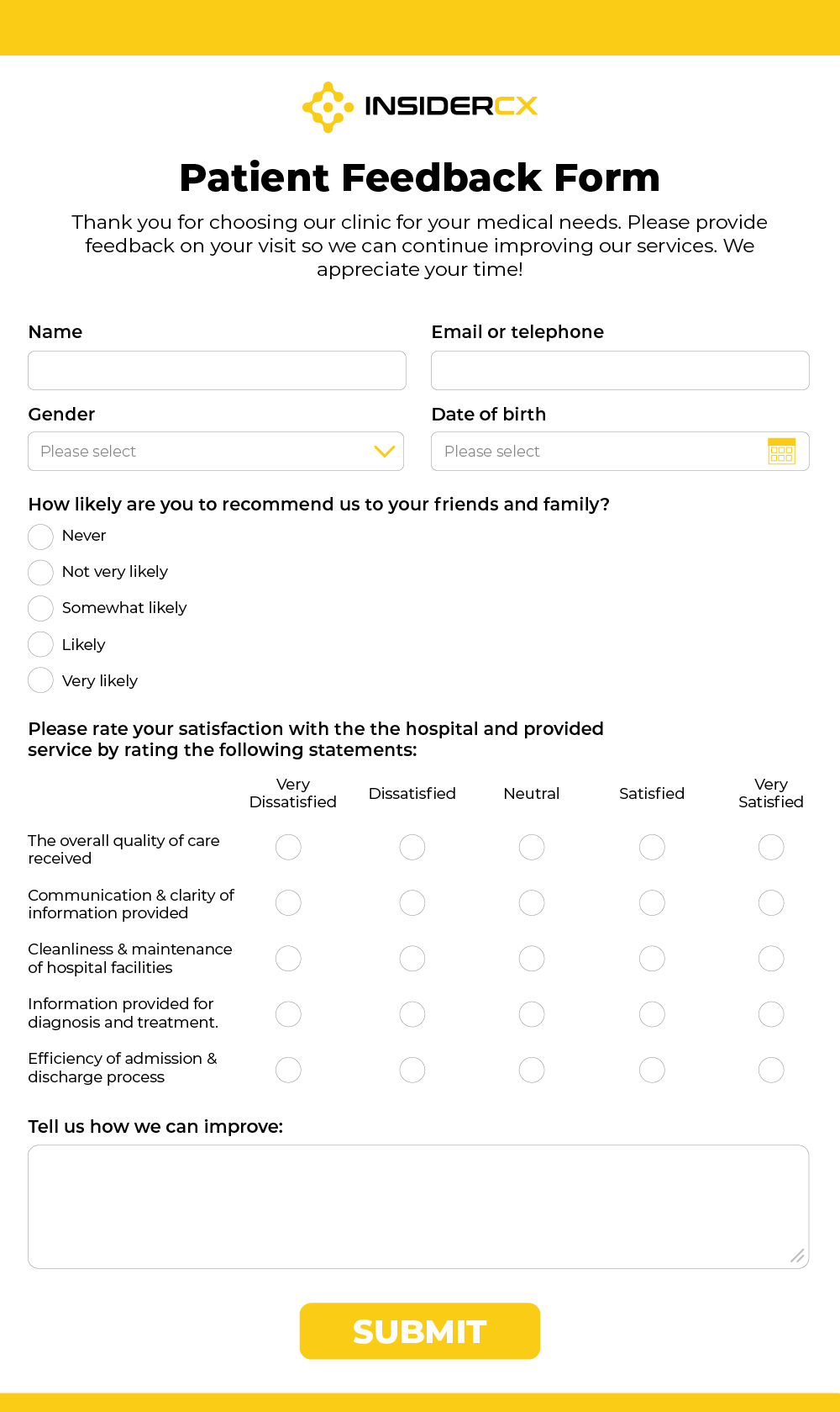 Patient feedback form template example from InsiderCX.