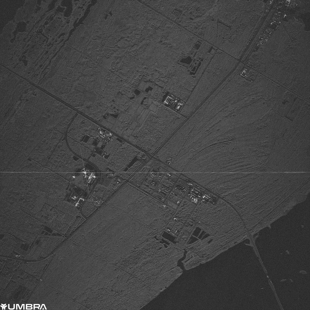 A medium resolution Umbra synthetic aperture radar satellite image of Kennedy Space Center.