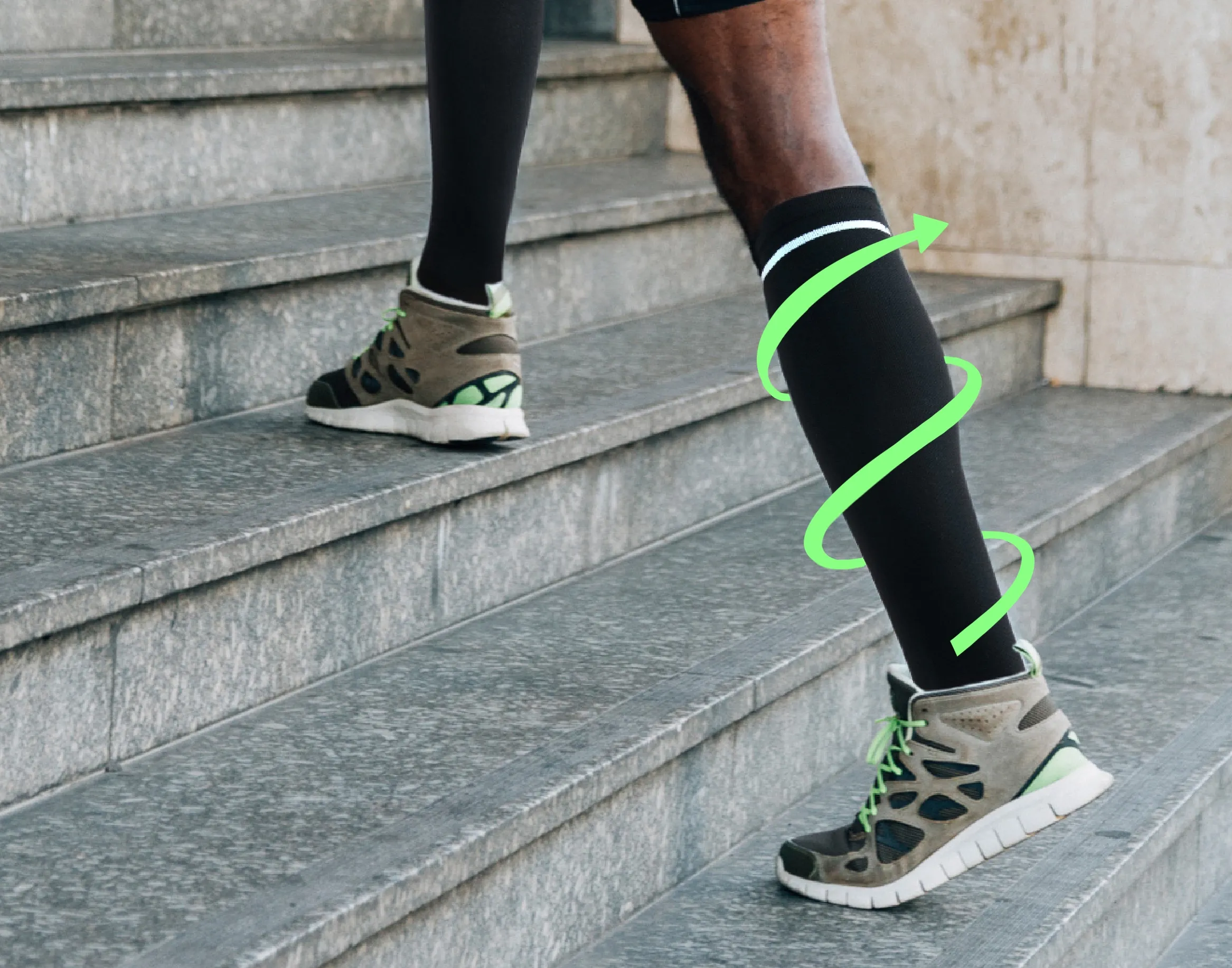 a man walking up the stairs wearing custom compression socks