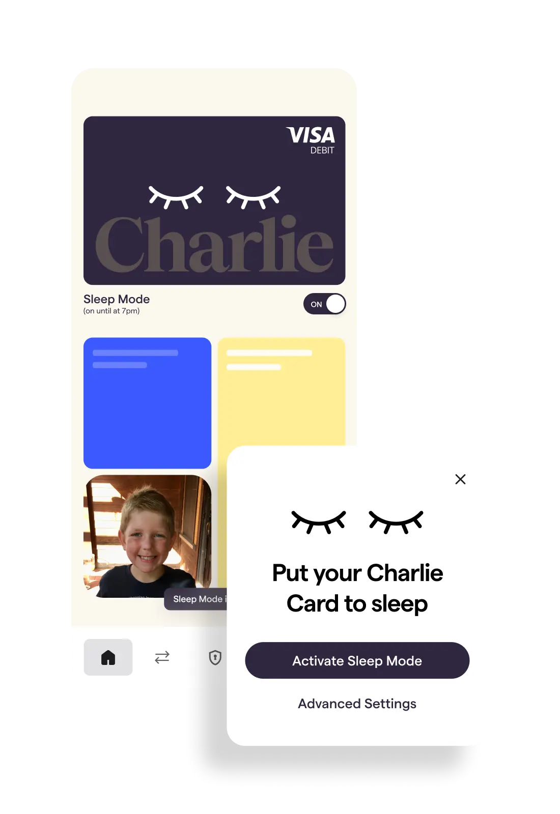 Charlie app mockup featuring sleep mode functionality.