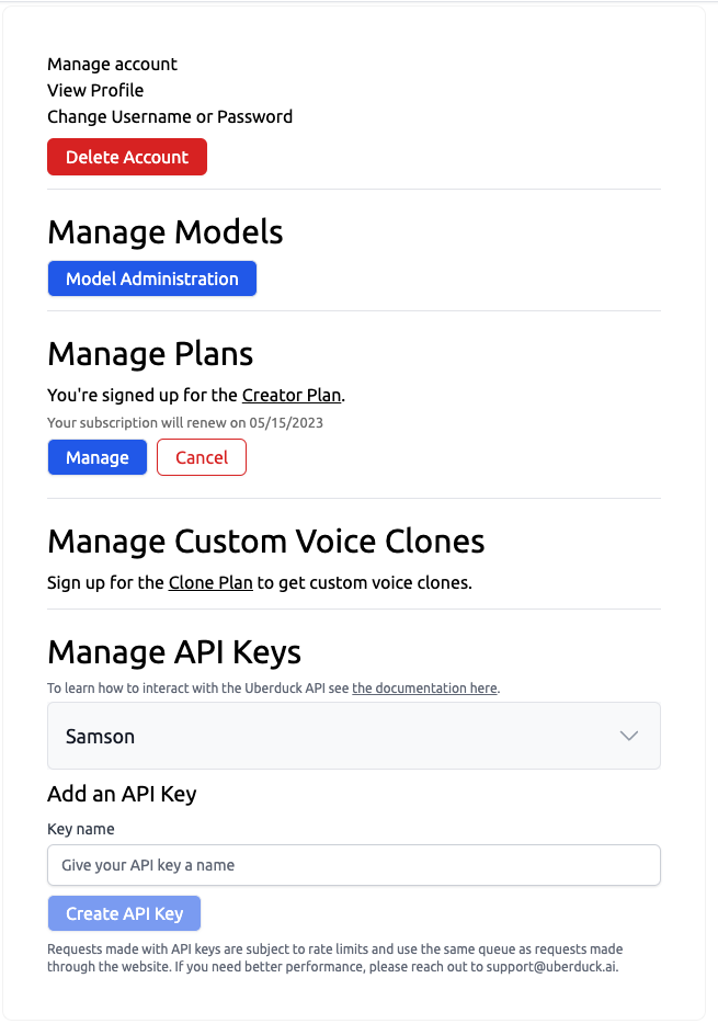 screenshot of account management page