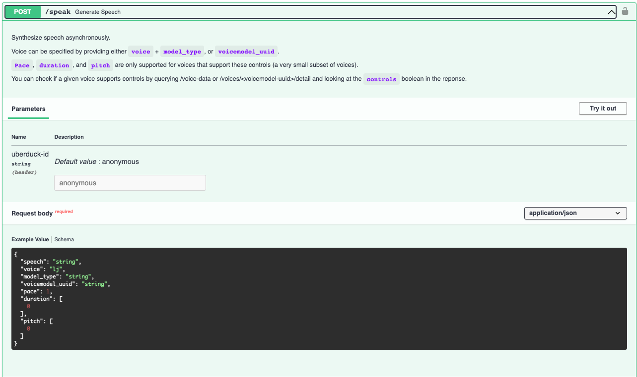 screenshot of speak documentation