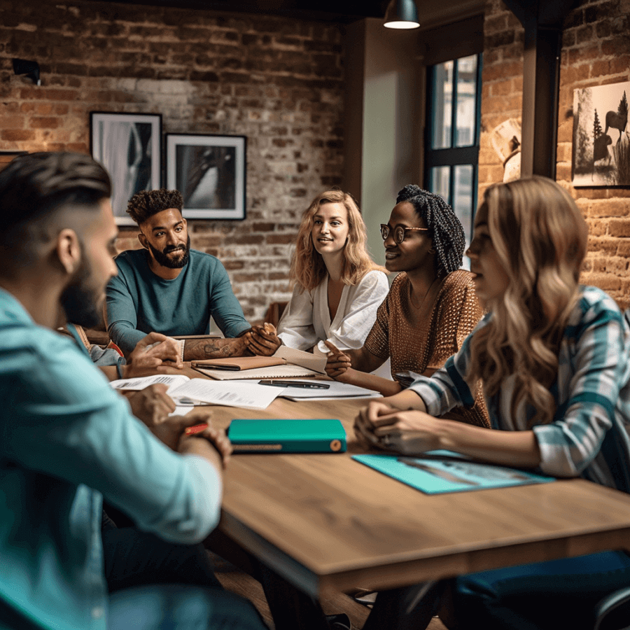 a conference table with a group of people talking