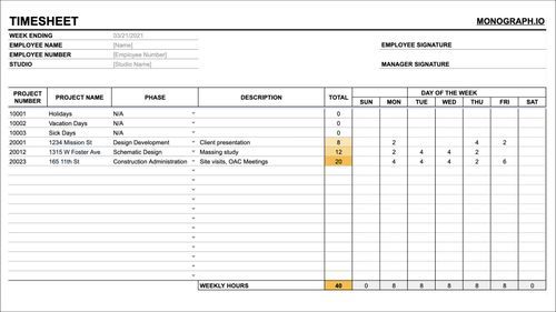 Free Architect Timesheet Template - Monograph