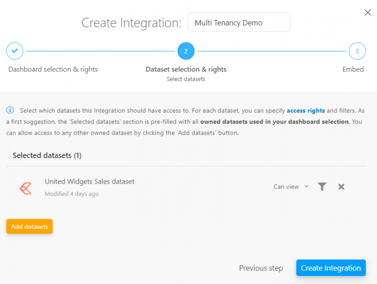 How to create an integration in Luzmo: selecting the datasets