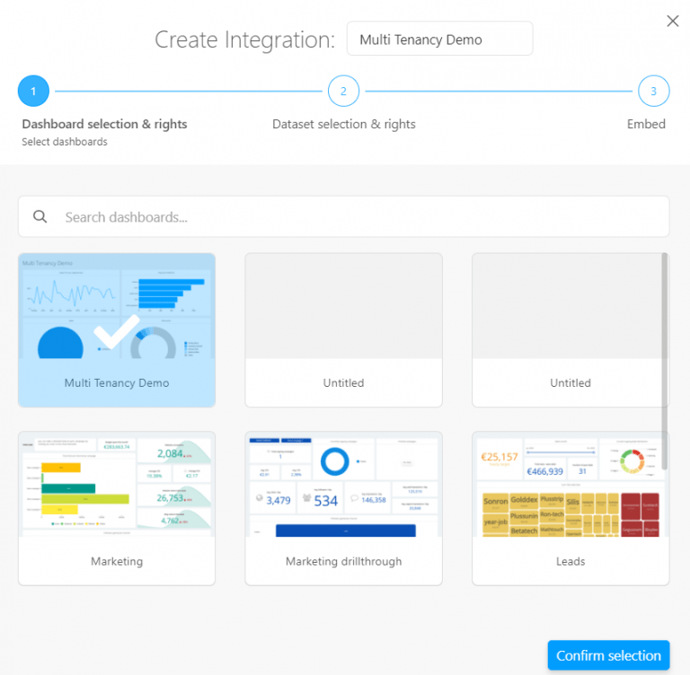 How to create an integration in Luzmo: selecting your dashboard