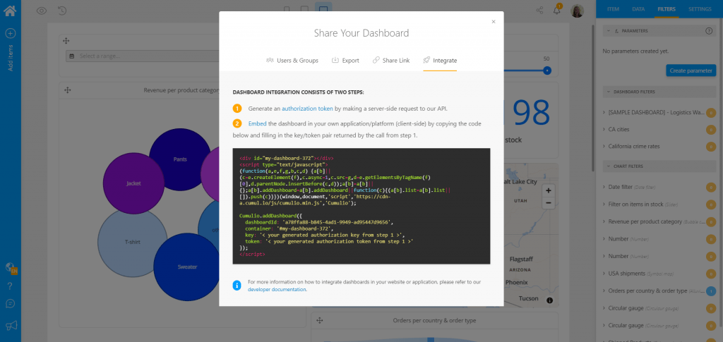 Code snippet to embed dashboards in your SaaS product or web app