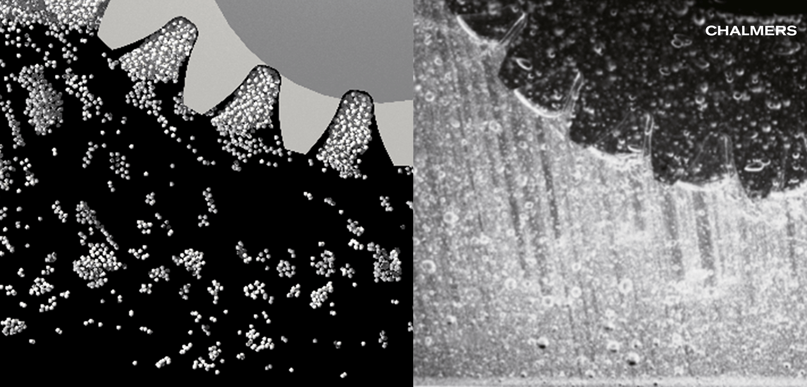 Comparison of air bubbles forming in simulation (left) and experiment