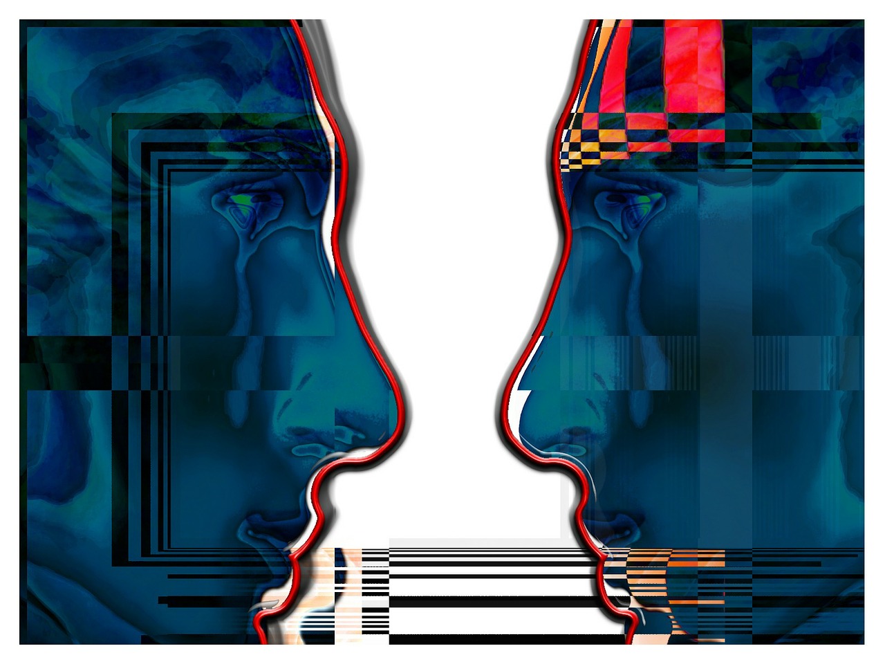 Digital art image of two faces looking at one another