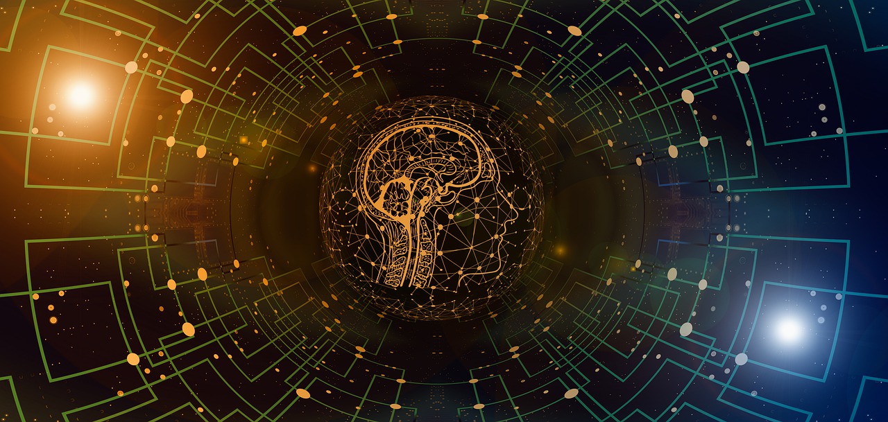 UI/UX illustration of human brain mixed with a PCB layout and outerspace