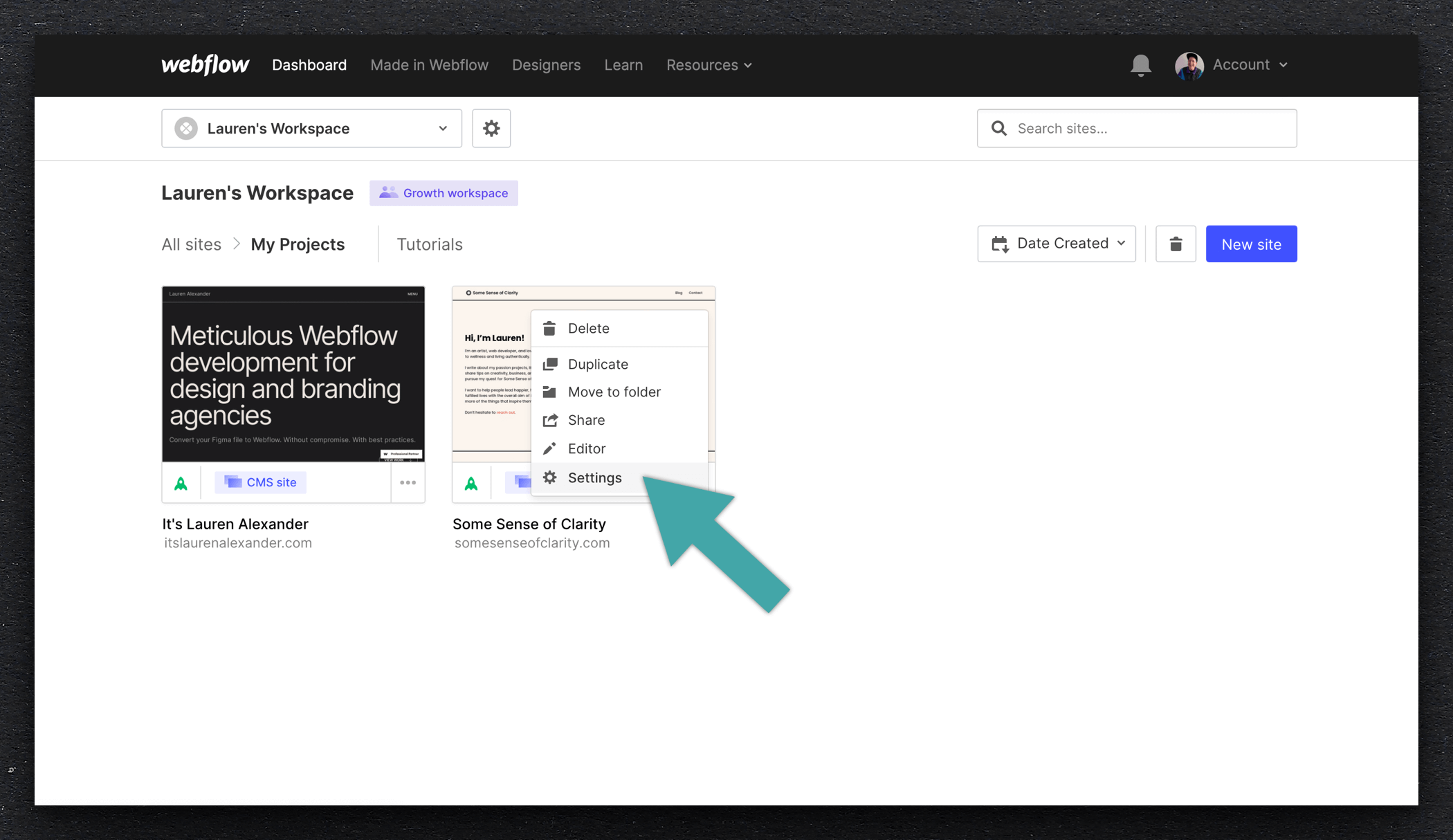 Webflow Dashboard screenshot with arrow pointing to Settings button