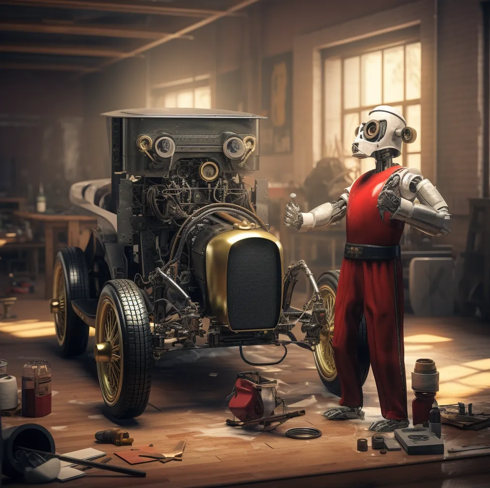 Robot mechanic working on model T