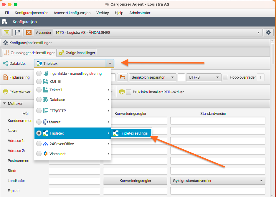 Tripletex - cargonizer agent oppsett