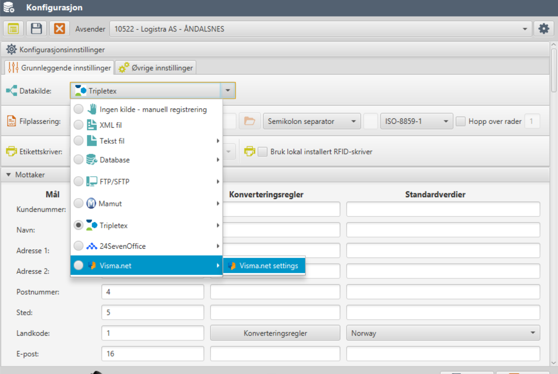 Visma.net - cargonizer agent config