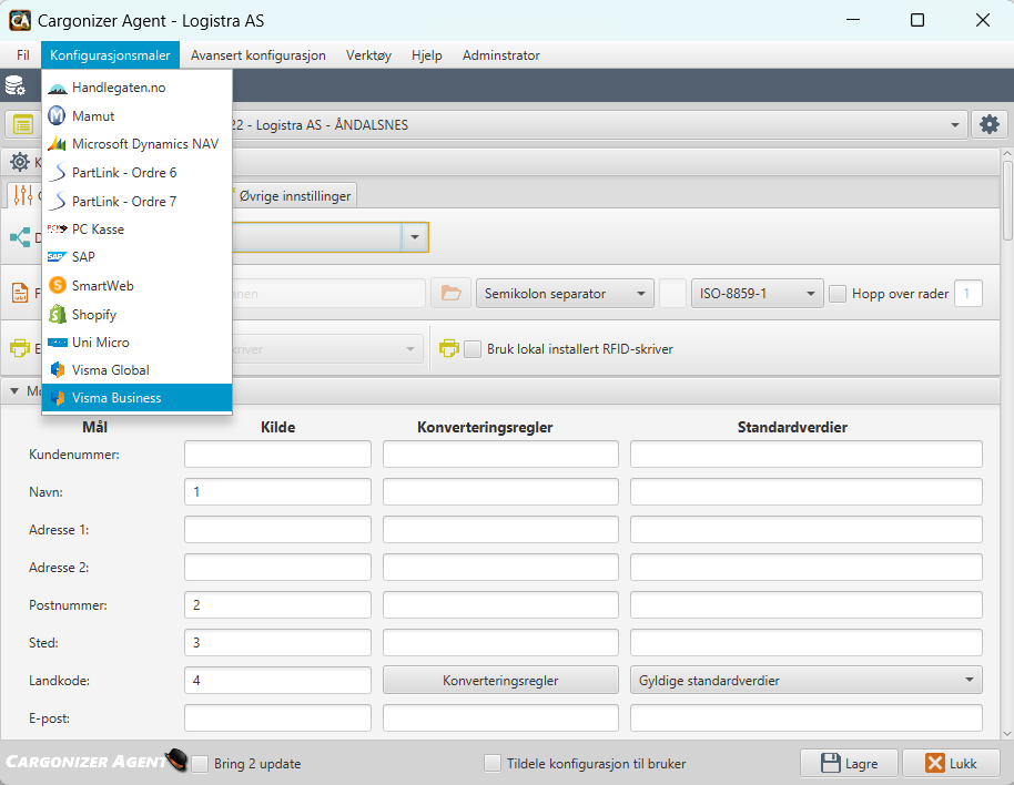 Visma business - cargonizer agent oppsett