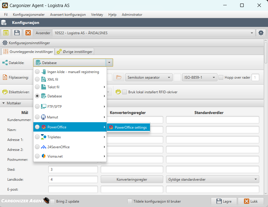 poweroffice - cargonizer agent settings
