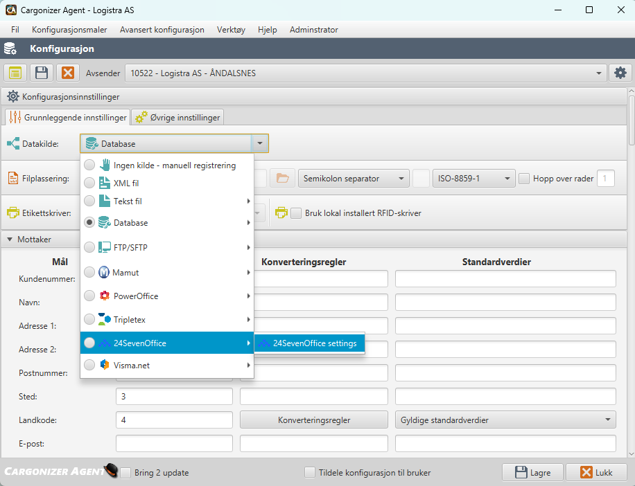 24SevenOffice - cargonizer agent settings
