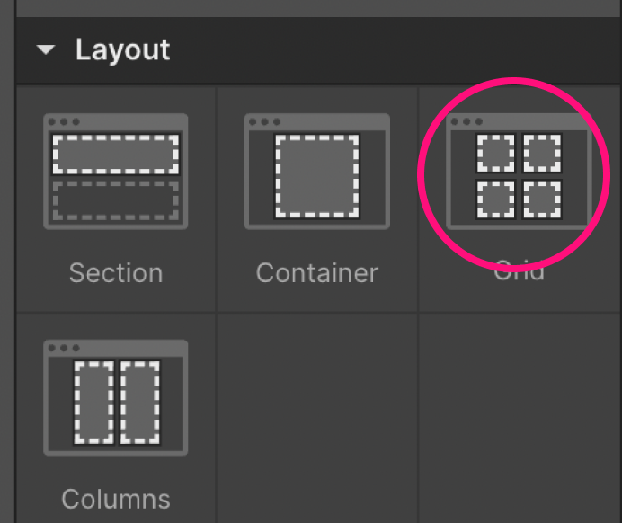 Emplacement de l'élément Grid dans Webflow