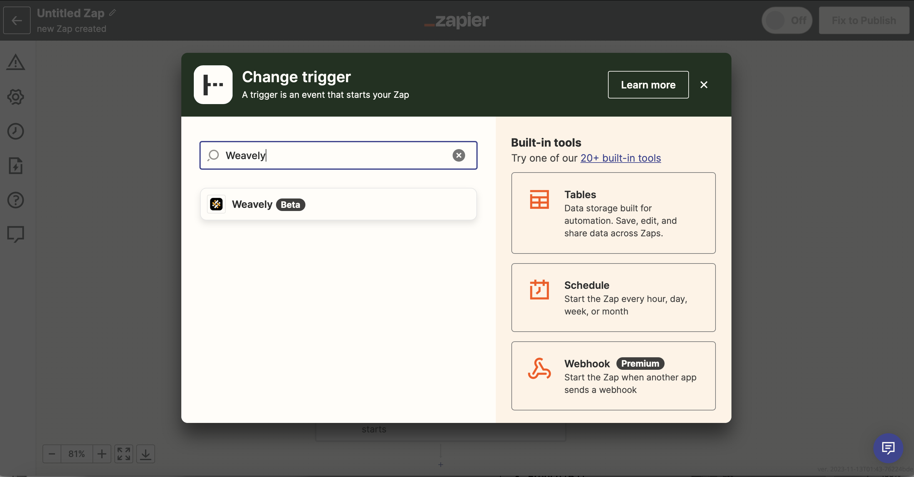 Logging into Zapier and connecting account to Weavely