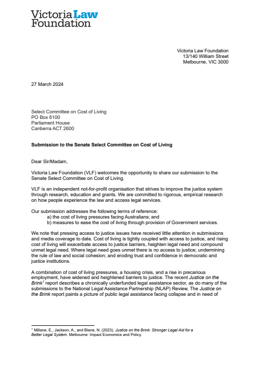 Submission to the Senate Select Committee on Cost of Living Victoria Law Foundation