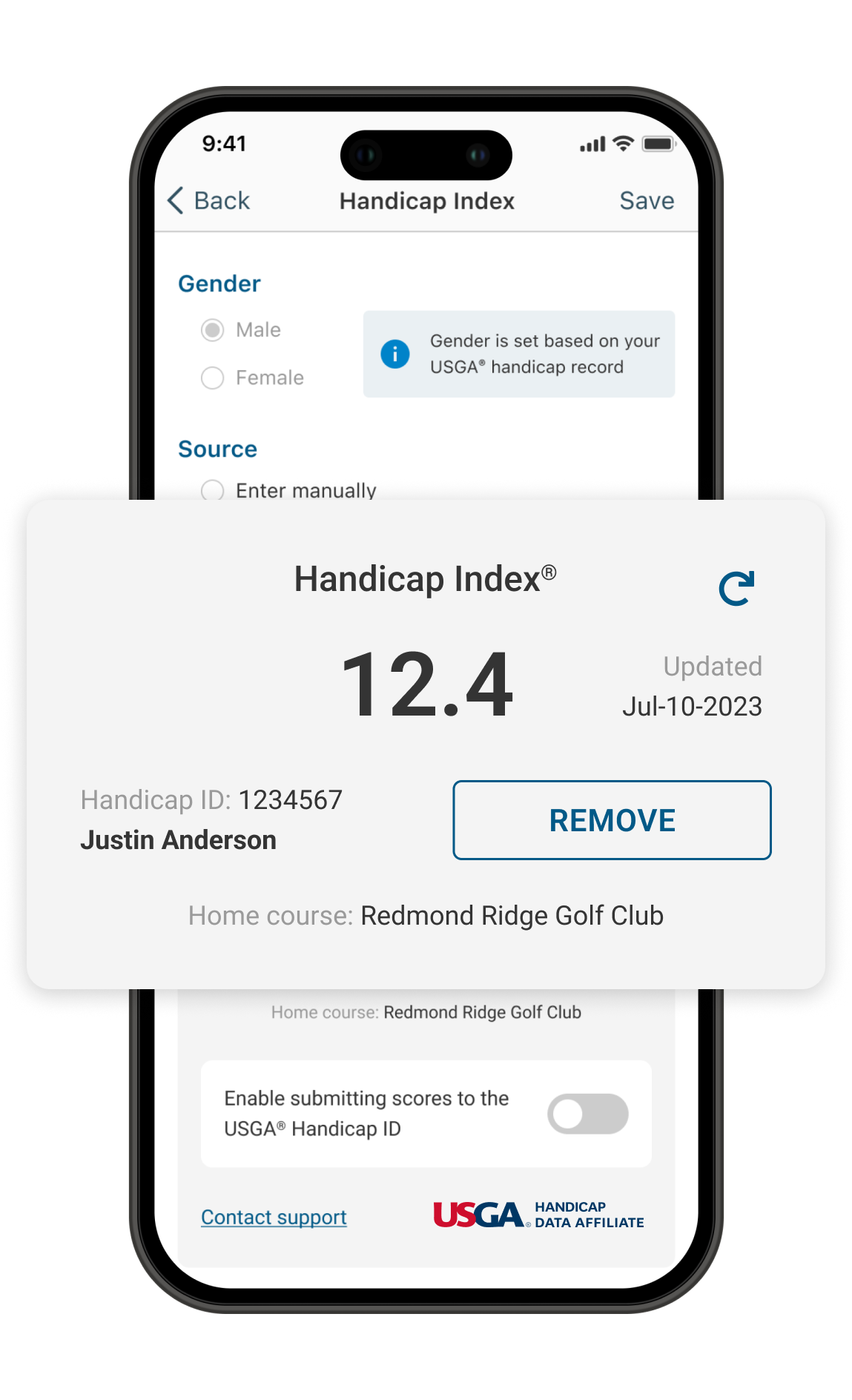 Usga handicap index directly in the golf pad app
