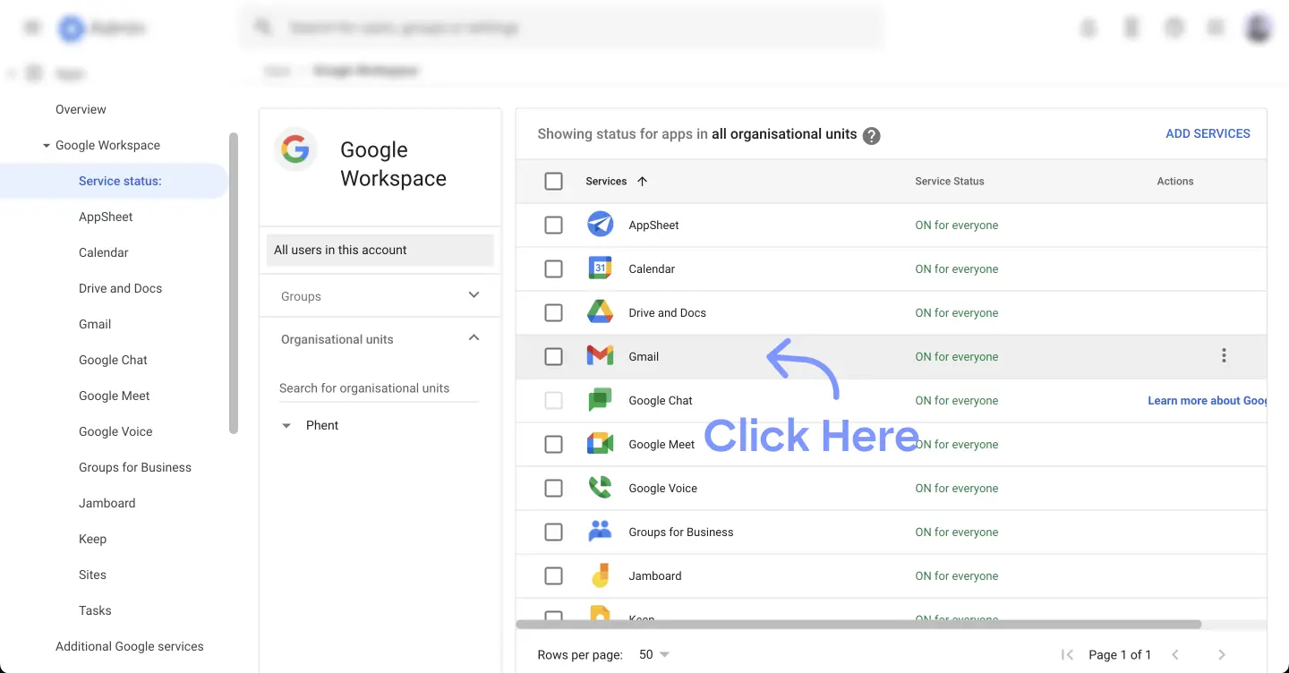 Picture of google admin settings open for google workspace