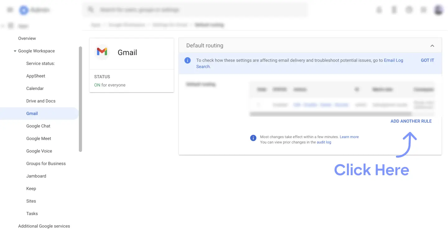 Picture of google admin settings for gmail and default routing