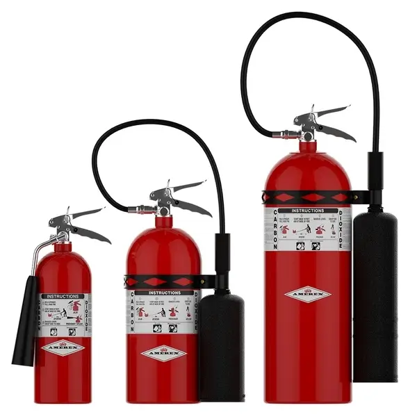 a red fire extinguisher with a black hose