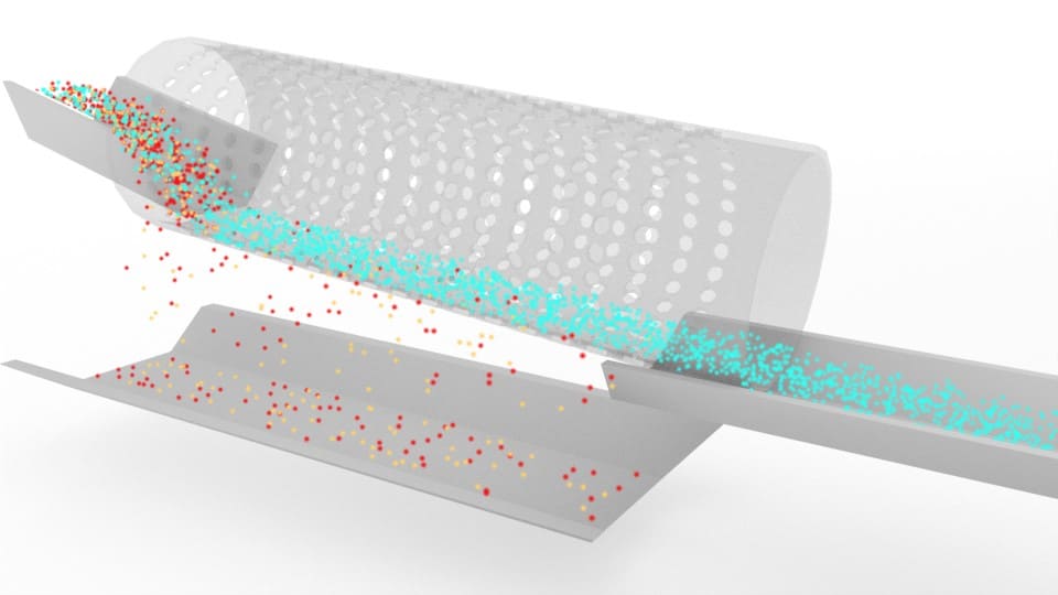 3D model of Cyclion trommel system demonstrating filtering of waste materials.