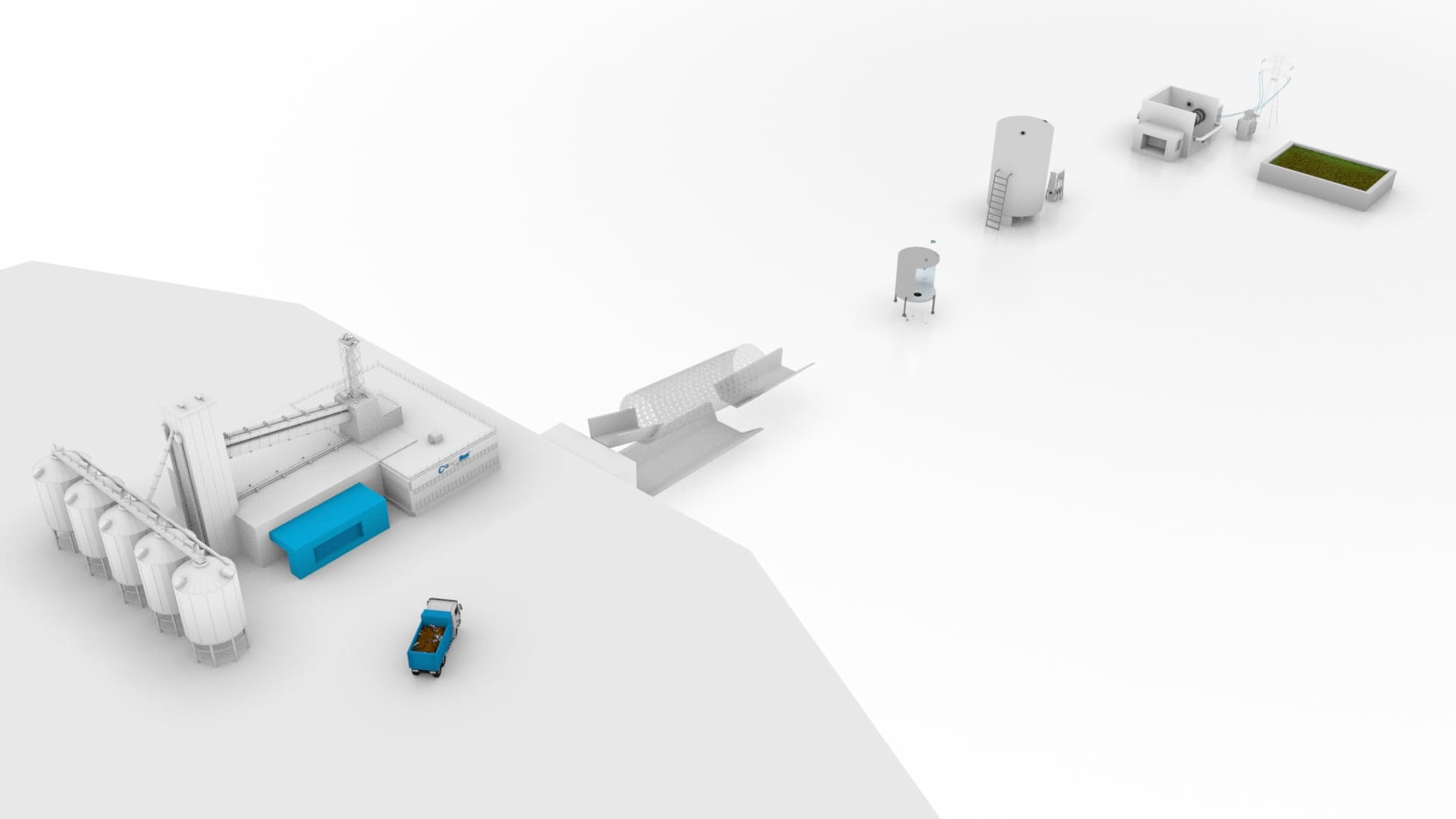 Long distance view of 3D model of various stages in Cyclion sytem.