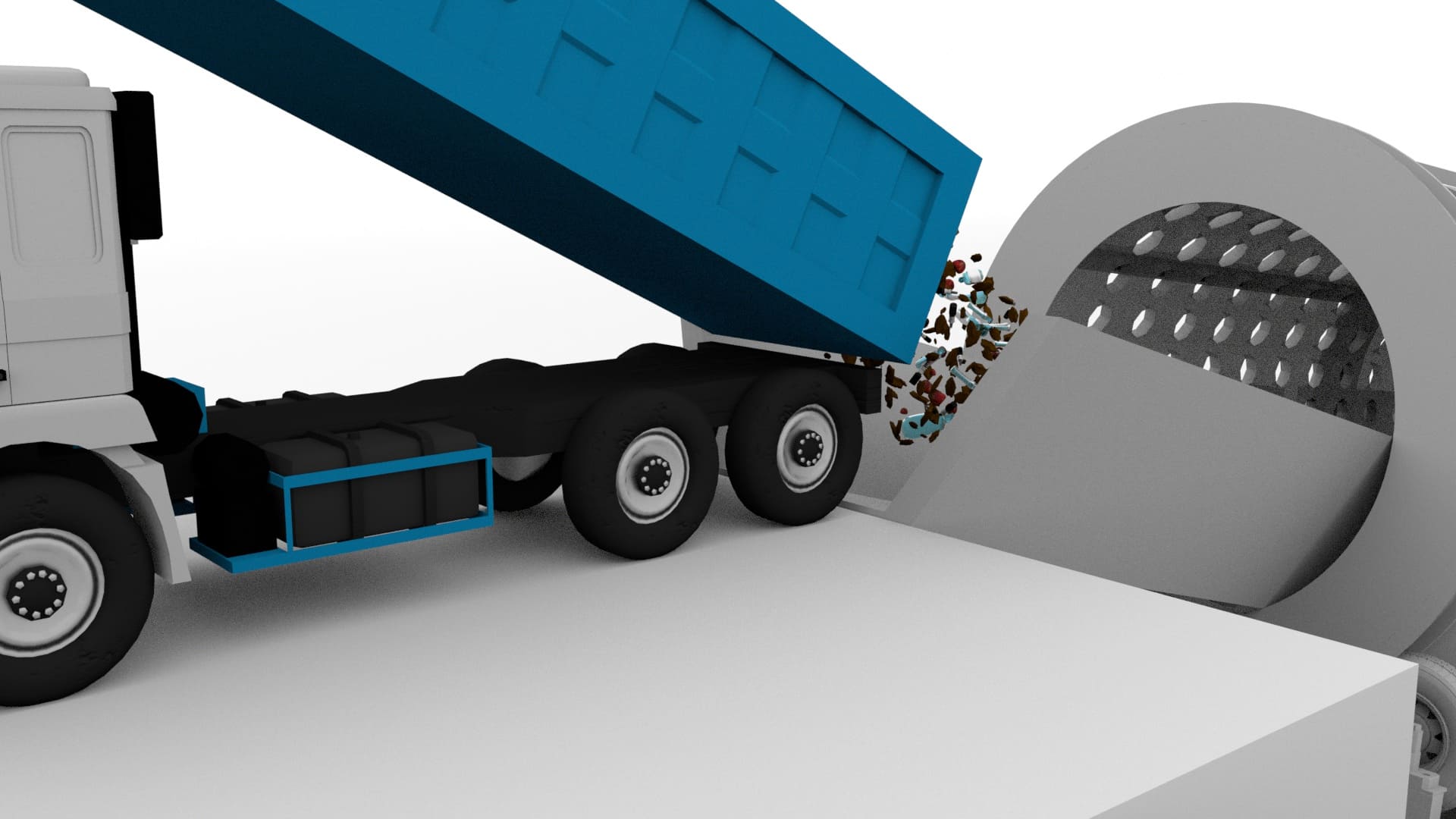 3d render of truck tipping rubbish into Cyclion trummel