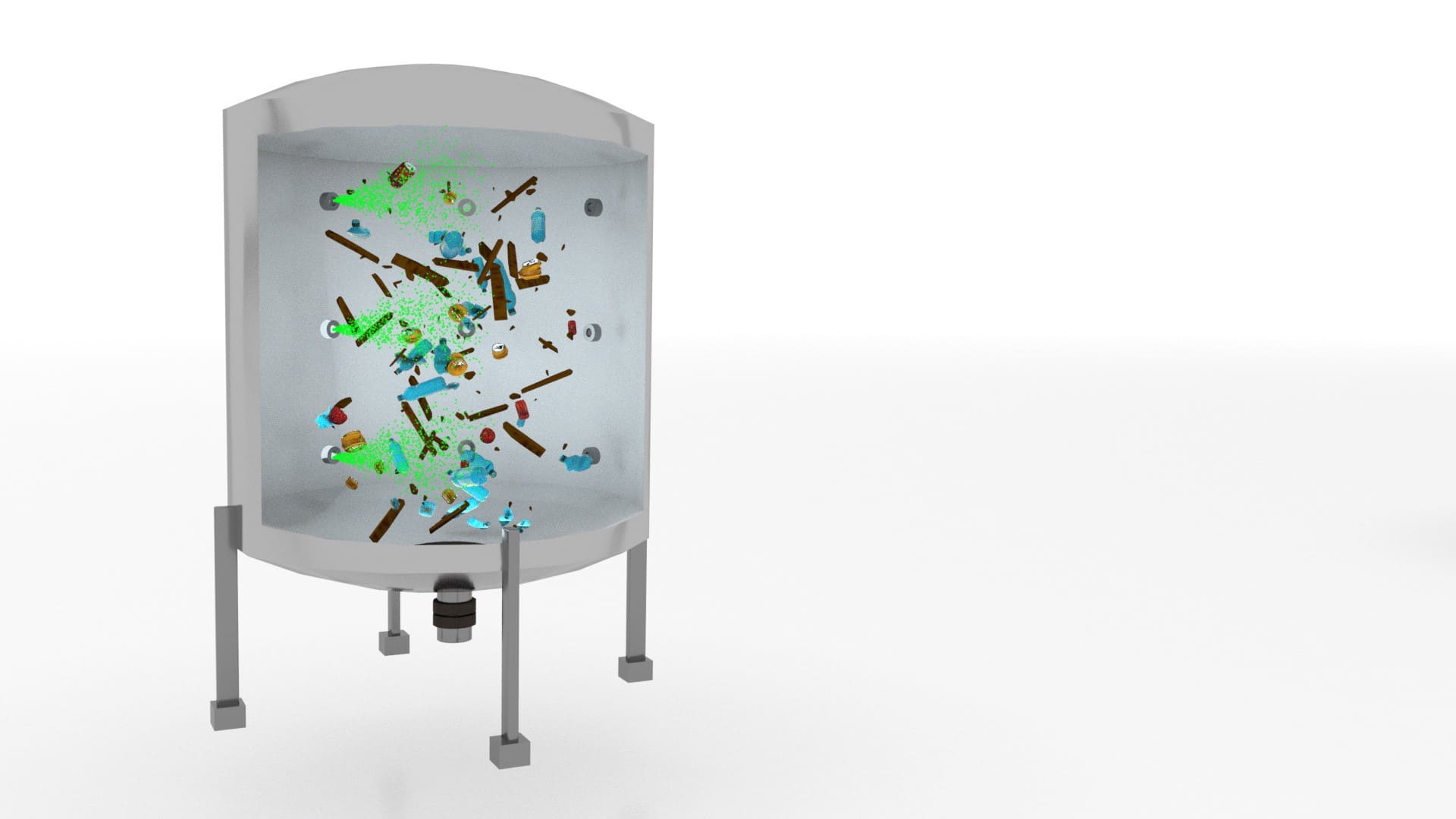 3D model of Cyclion liquification vessel with rubbish flying around inside being sprayed with catalysts.