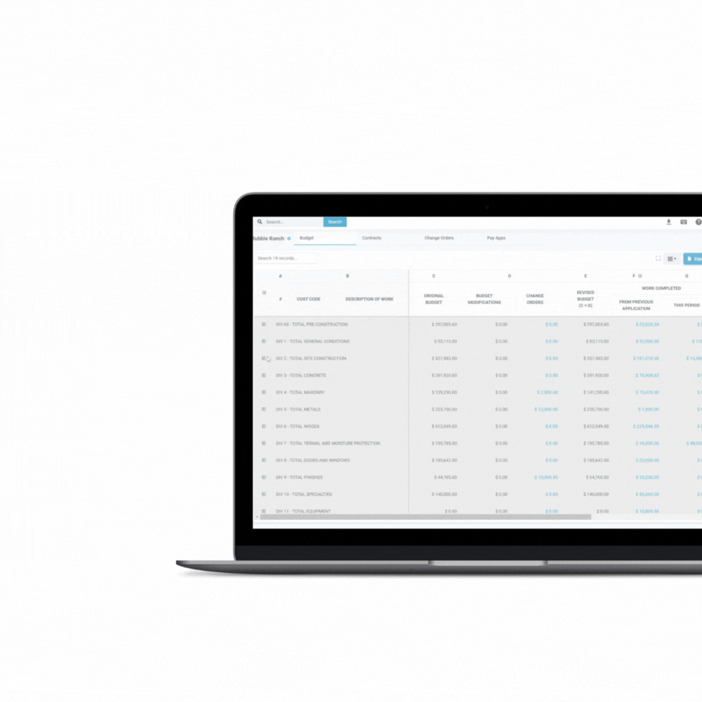 Ditch your spreadsheets: automated balance, budget modifications, contracts and COs, one-click exports