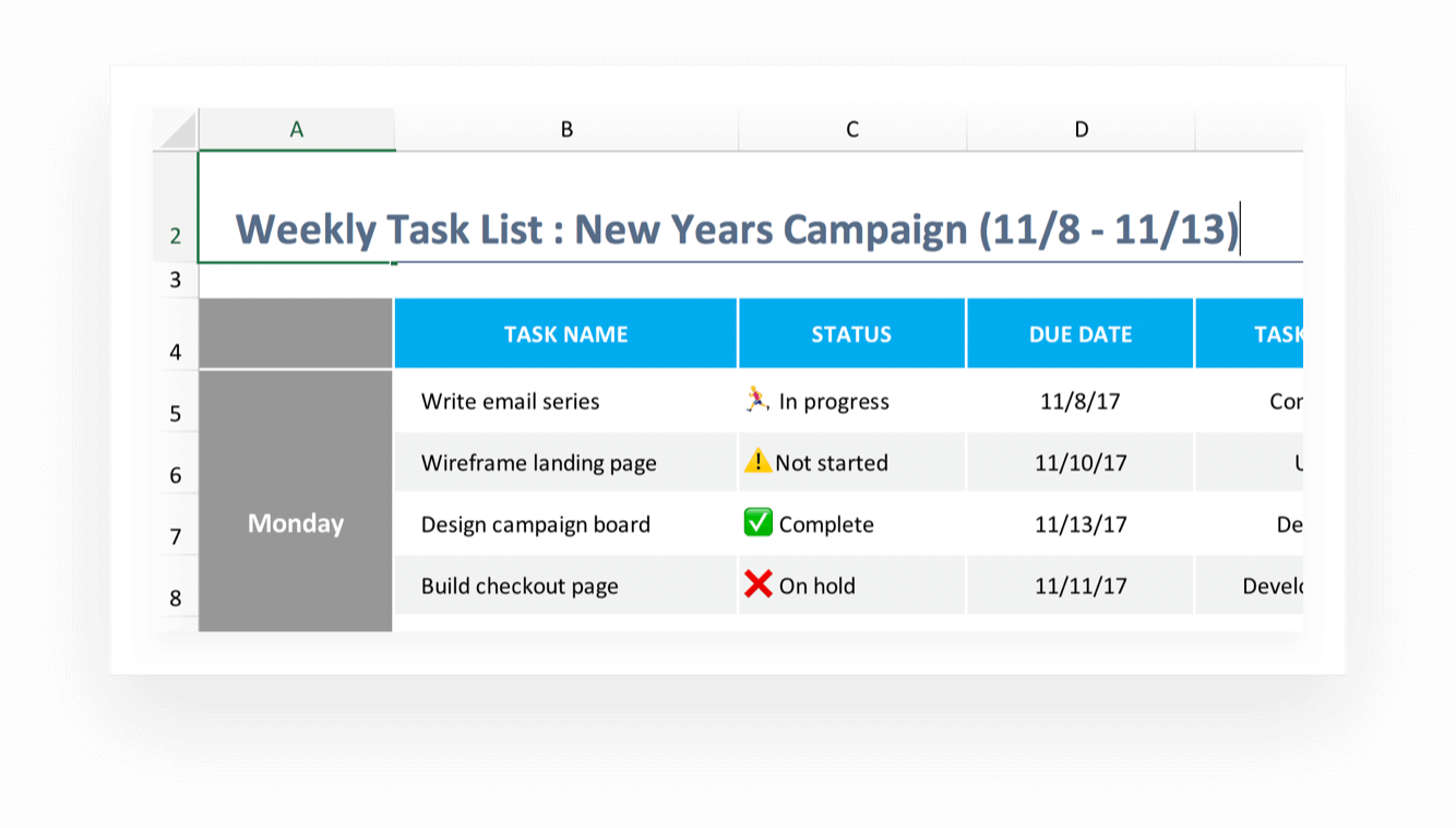 how to create an excel task list