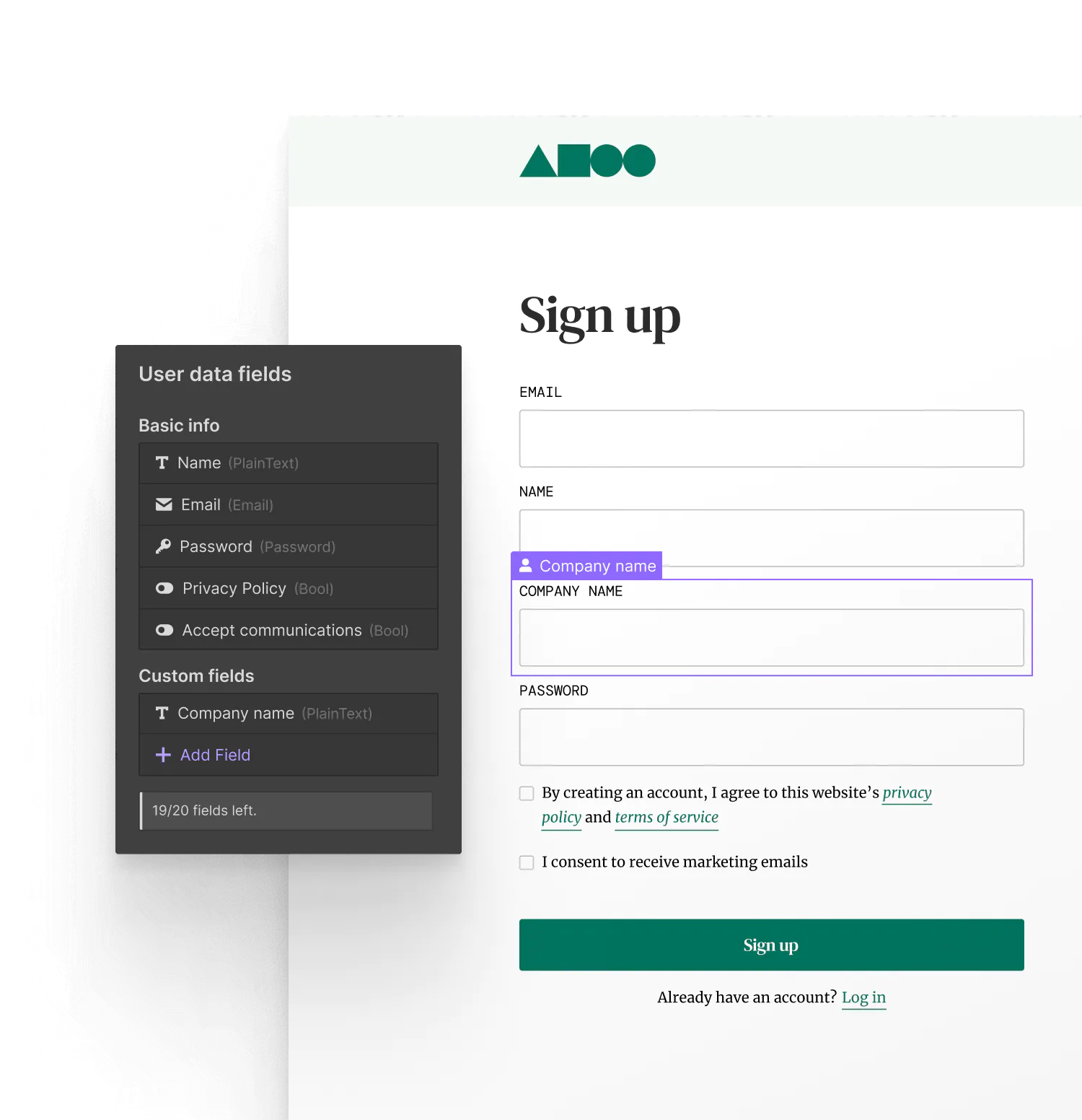 A sign up form with custom data fields to collect specific data from users.