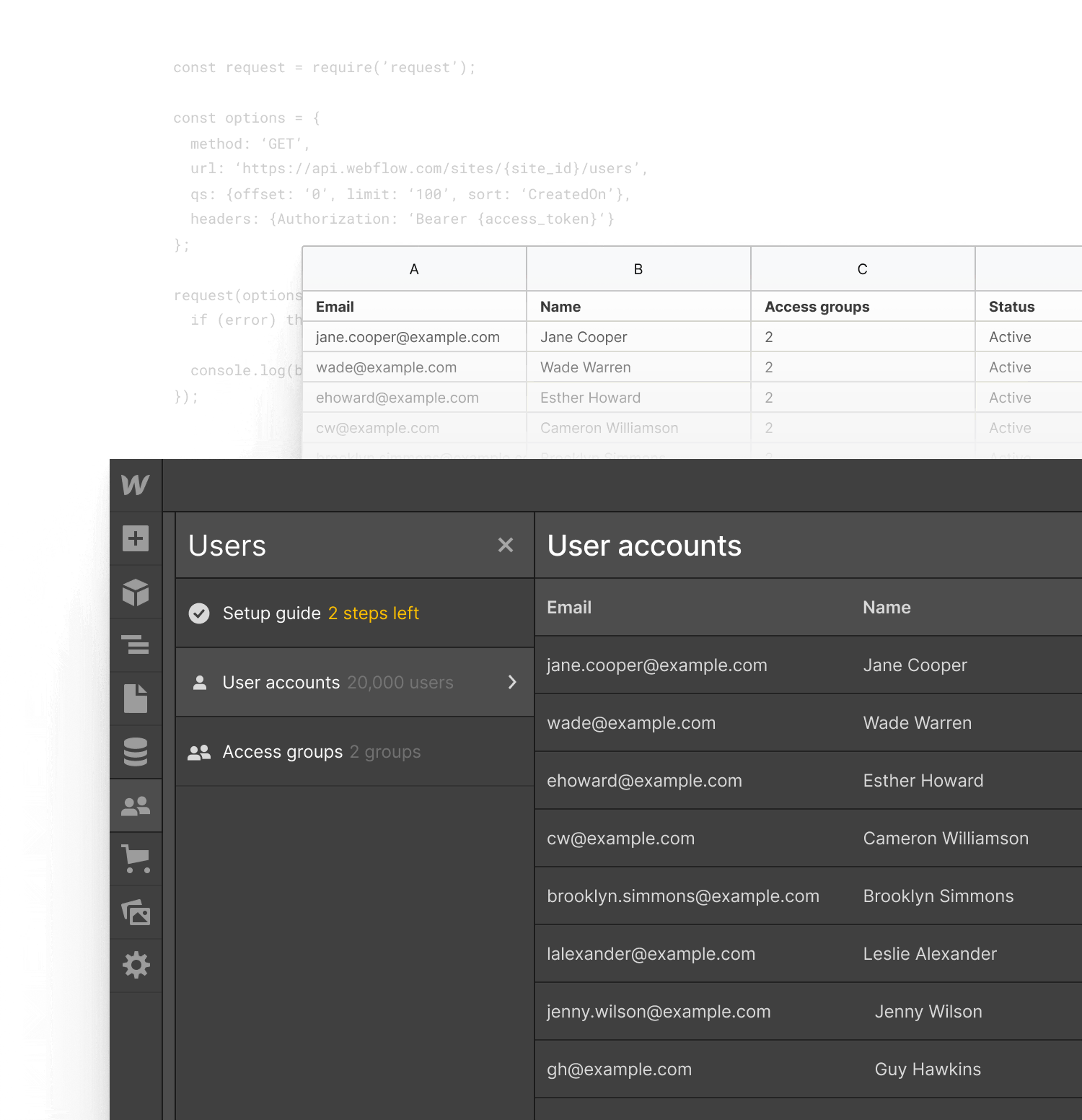 Connect your User Accounts data with other systems, like a CRM or spreadsheet app