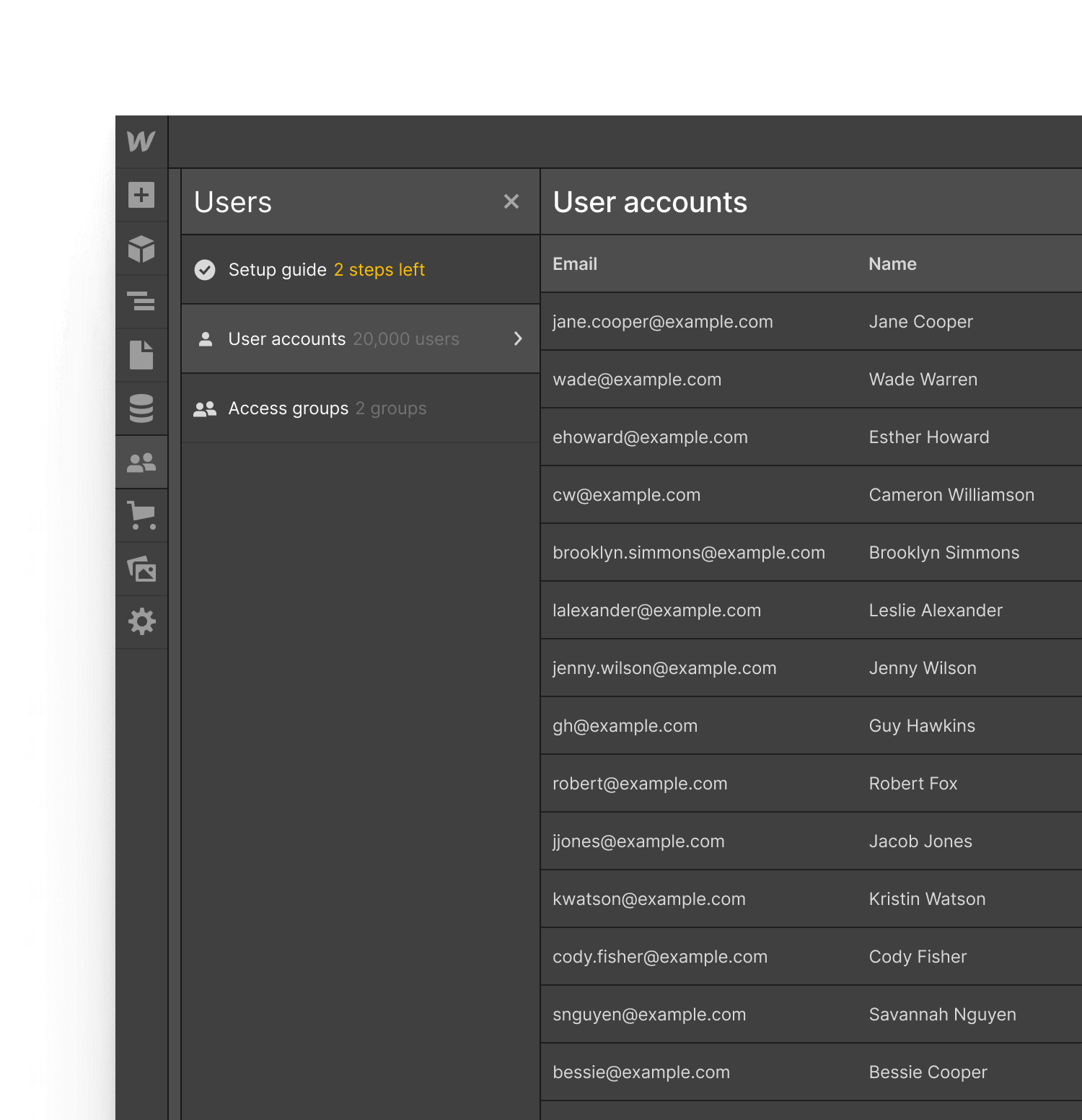 User accounts Webflow UI — A list of all user accounts