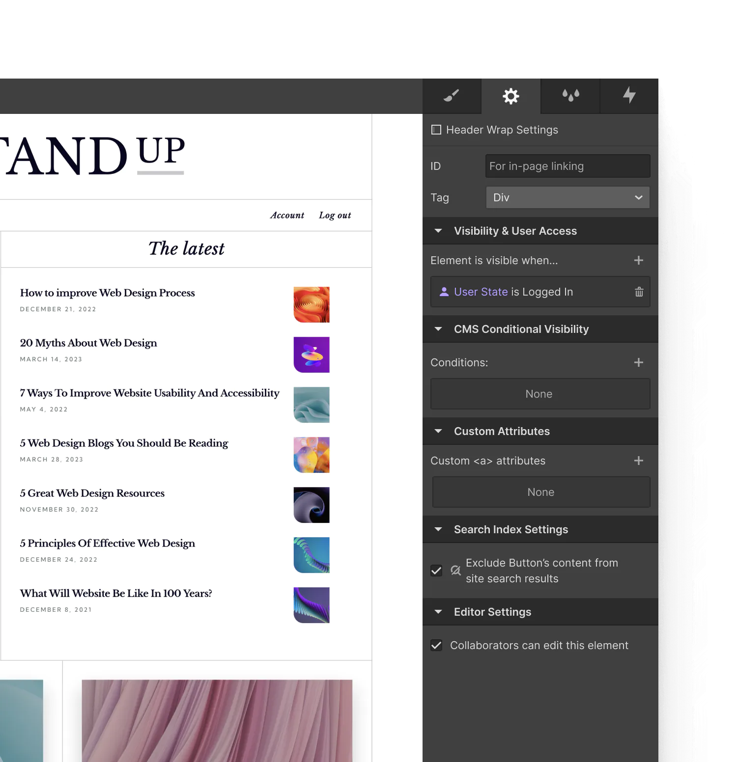 Webflow UI that controls the ability to show or hide any element.