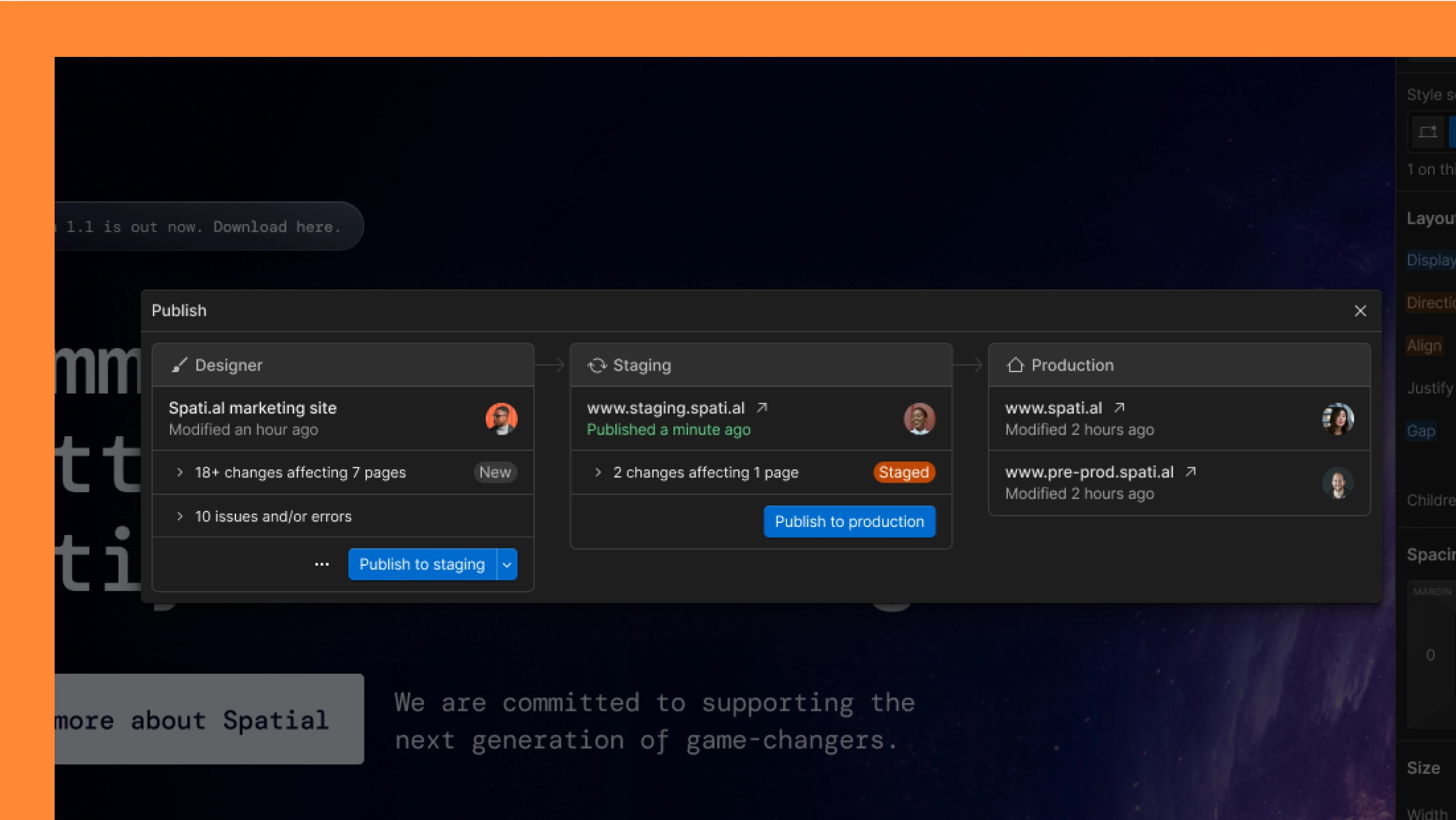 A preview of the publishing workflow when you have a custom domain. Image highlights that publishing to staging is now on a custom domain.