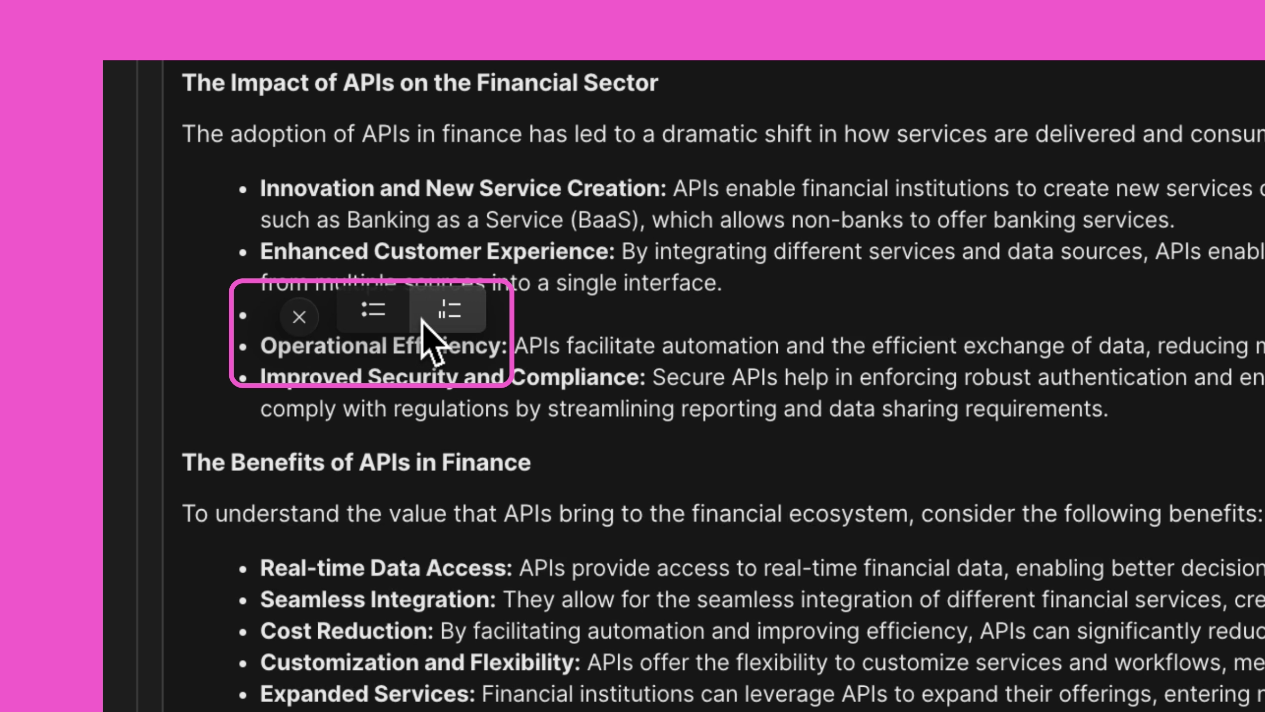 Mouse is hovering a newly created item in an unordered list. Appears an icon that would turn that item into an ordered list.