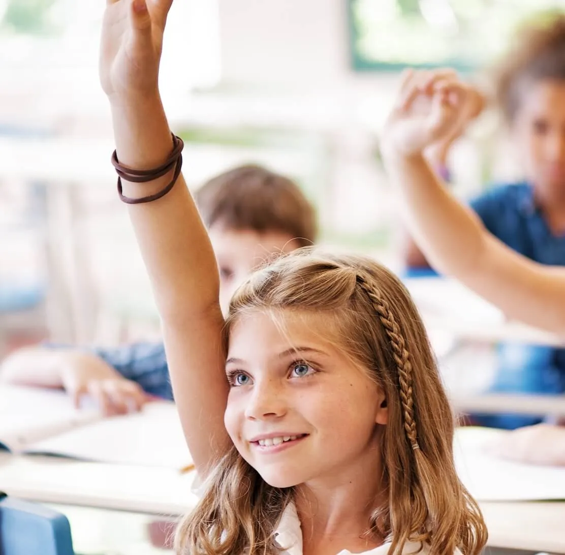 student raising hand in classroom.