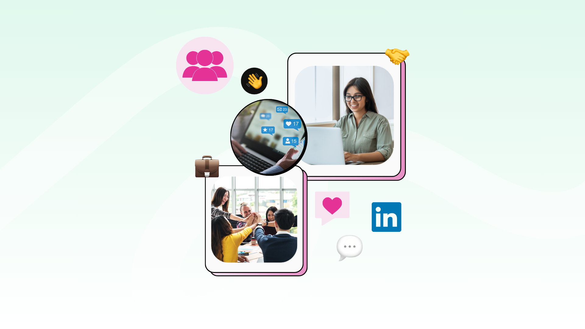 Image of a team working together, a woman on her laptop and the LinkedIn logo